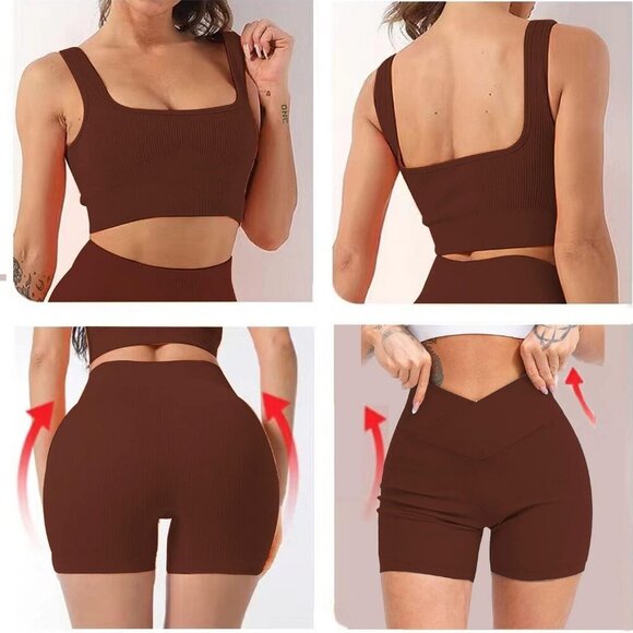 Workout Sets for Women Two Piece Sexy Summer Sports Bra and Crossover Shorts Mat - Picture 5 of 6